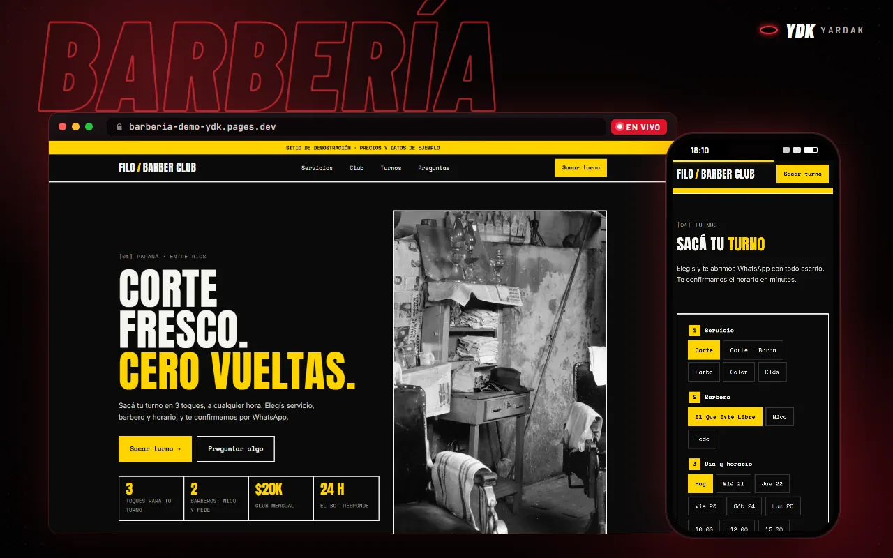 Web de ejemplo para barbería en una compu y un celular
