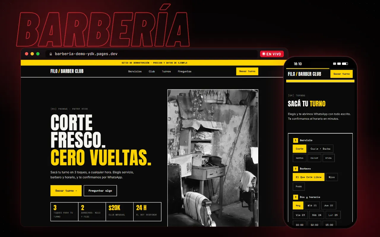Web de ejemplo para barbería en una compu y un celular