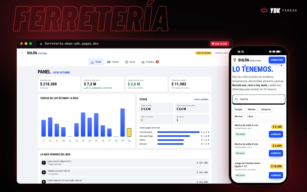 Web y sistema de stock de ejemplo para ferretería en una compu y un celular
