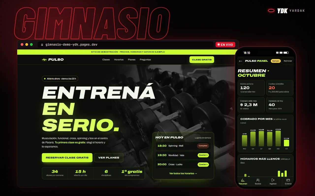 Web y panel de ejemplo para gimnasio en una compu y un celular