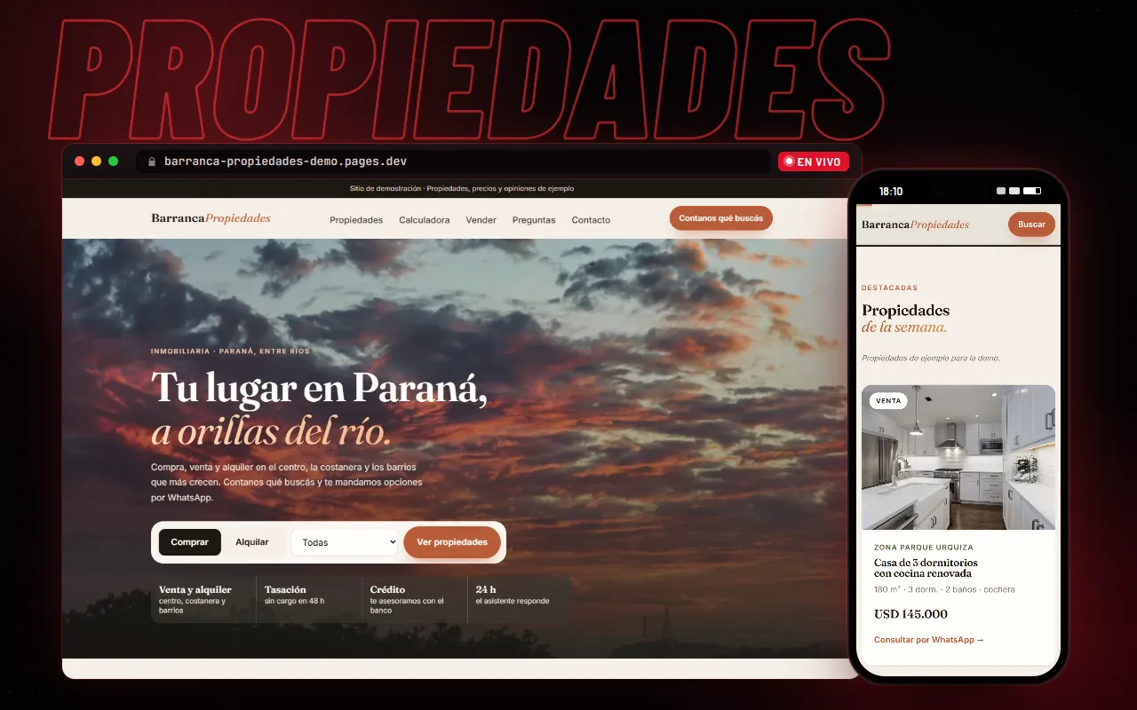 Web de ejemplo para inmobiliaria en una compu y un celular