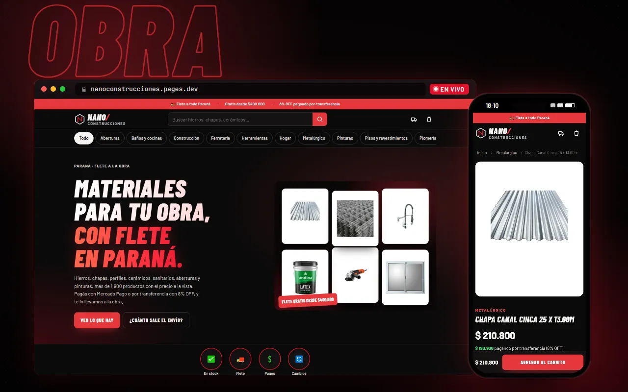 Tienda online de Nanoconstrucciones en una compu y un celular