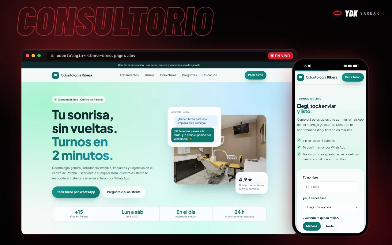 Web de ejemplo para consultorio odontológico en una compu y un celular