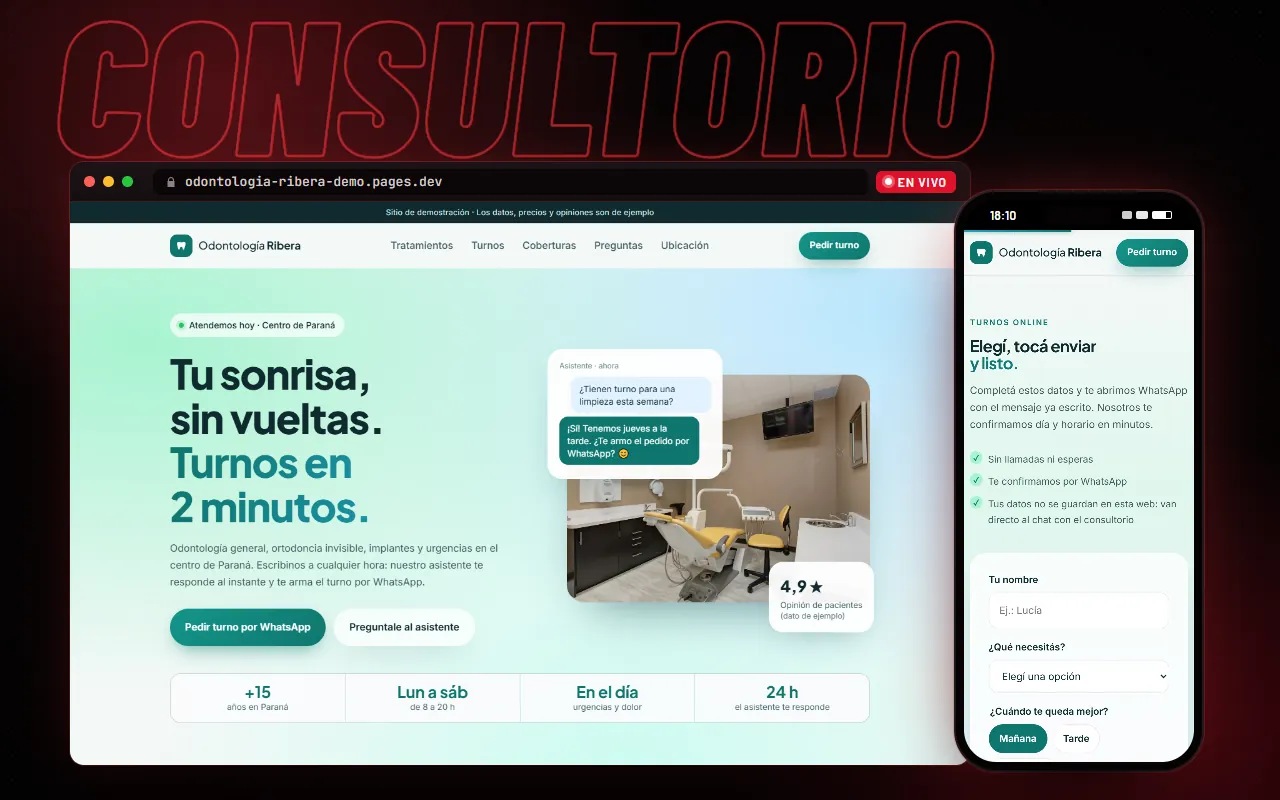 Web de ejemplo para consultorio odontológico en una compu y un celular
