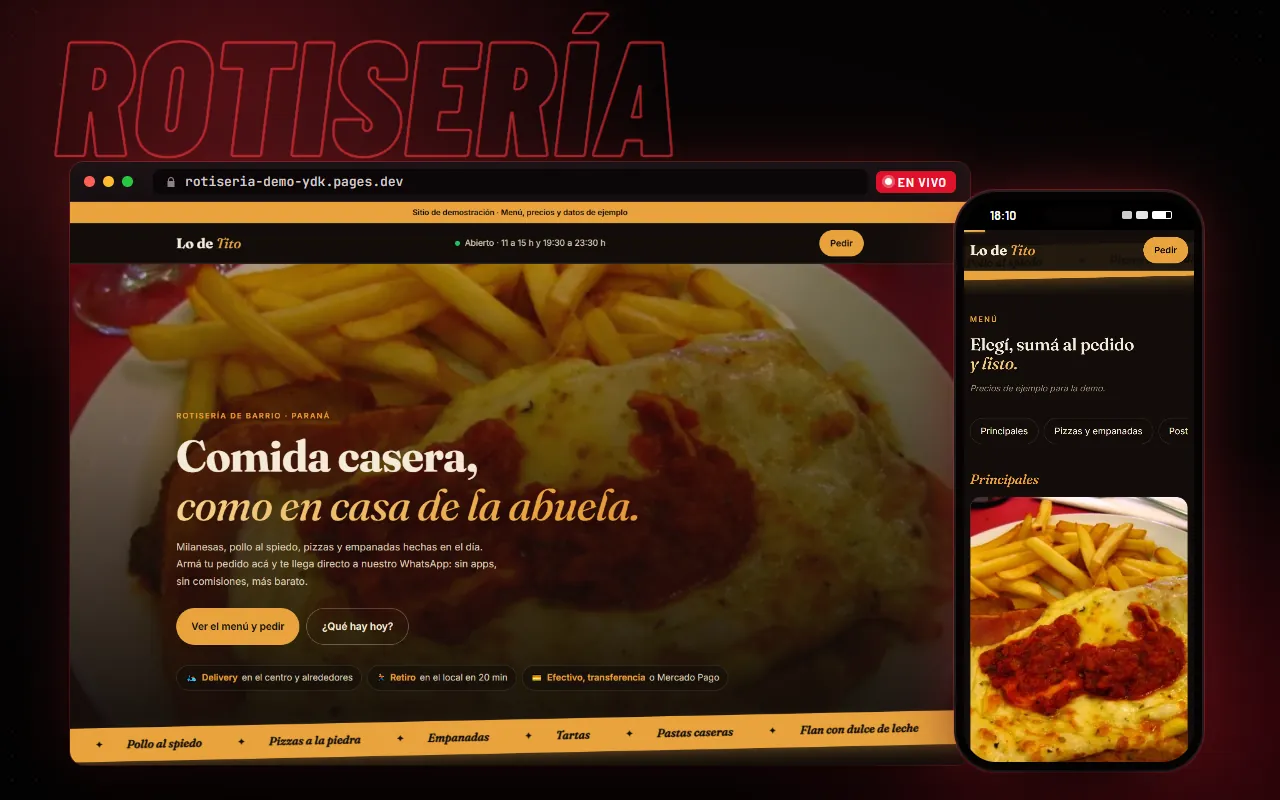 Web de ejemplo para rotisería en una compu y un celular