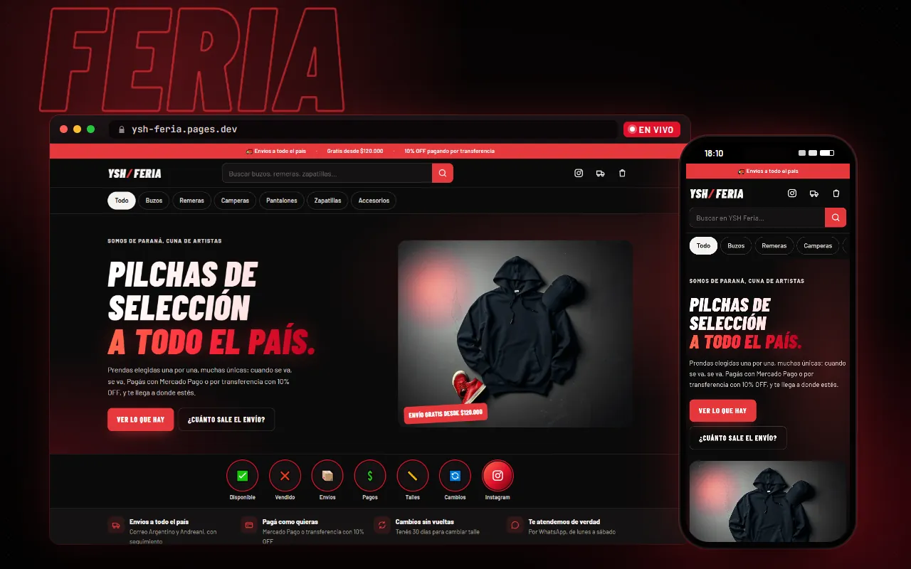 Tienda online de YSH Feria en una compu y un celular